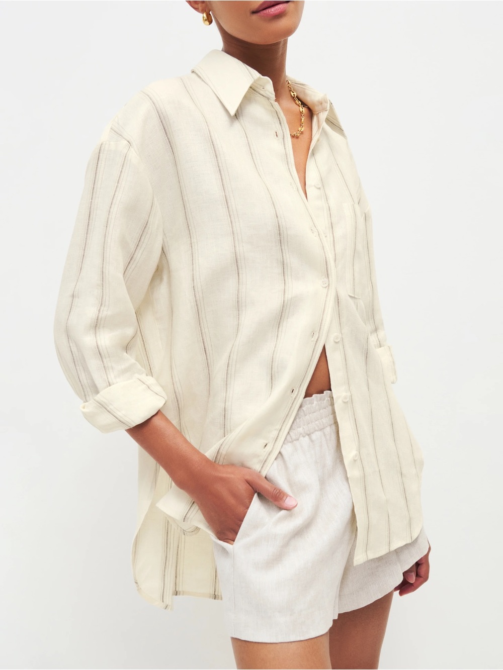 Reformation 100% Linen Cream and Brown Striped Linen Shirt